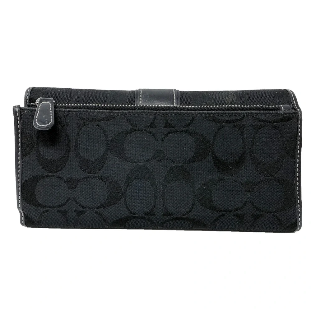 Coach Black Signature Jacquard Fabric & Leather Trim Checkbook Trifold Wallet